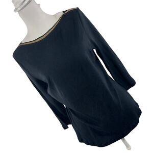 NWT! CROFT & BARROW! RICH BLACK STRETCH KNIT, GOLD METALLIC NECK TOP! SZ M